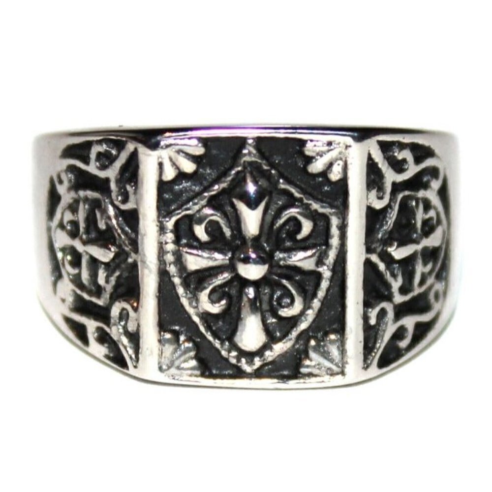 Mens Shield Cross Polished Stainless Steel Rustic Ring Size 10